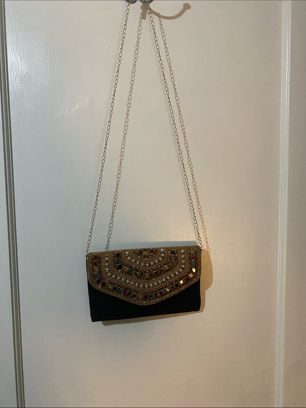 Embellished Black Evening Clutch with Gold Beaded Flap